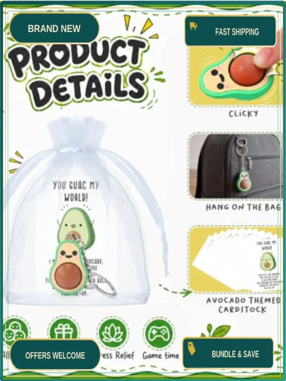 24 Pack 3D Avocado Clicker Keychains with Cards, Fidget Toys PLA Material for